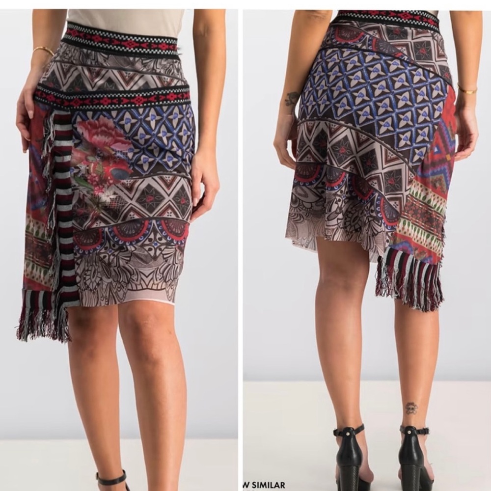 DESIQUAL Skirt BOHO Cowgirl Semi Sheer Lined Aztec Fringed Summer Fun Sz M